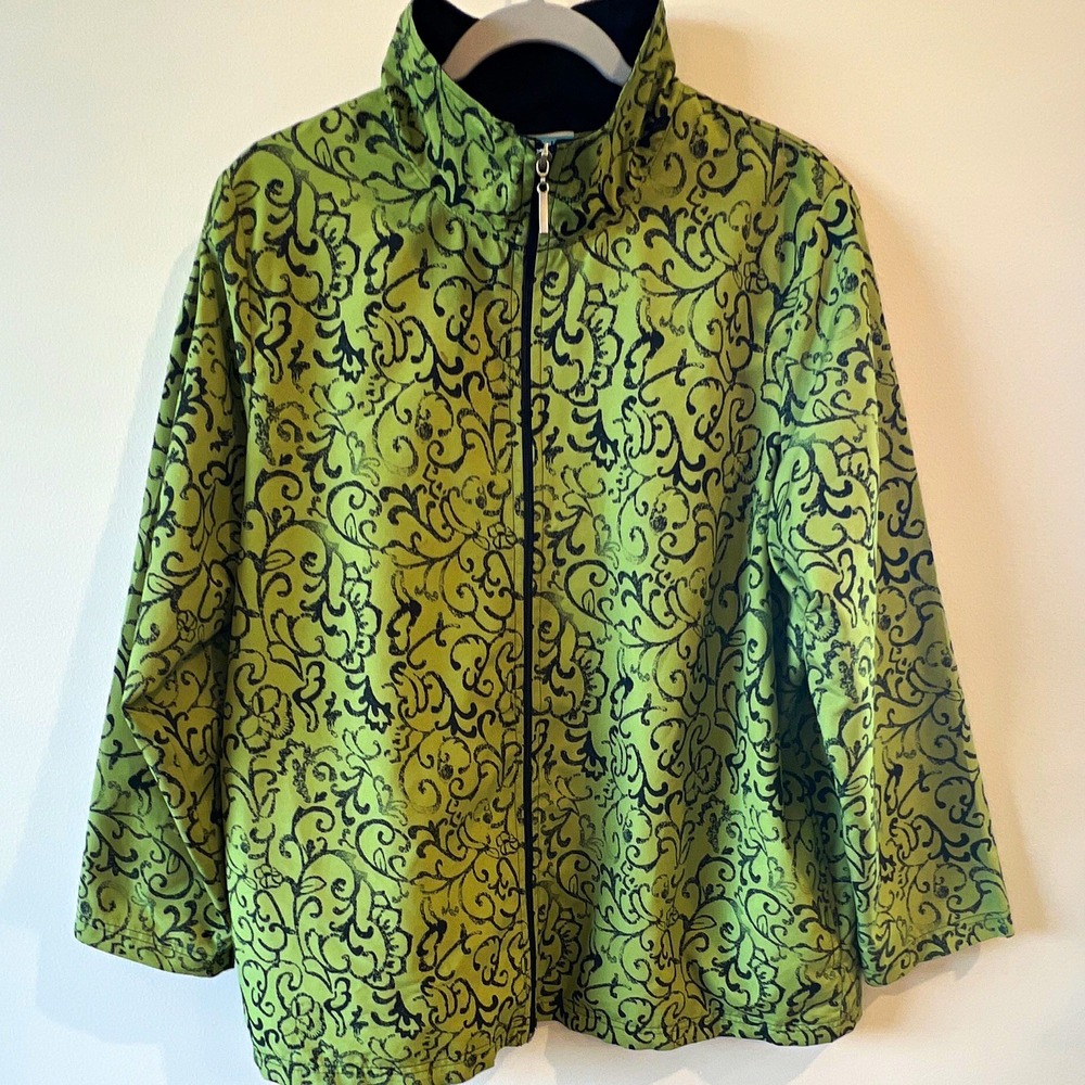 Just My Size Women VTG 1X Green Black Floral Full Zip Lined wearable Art Jacket